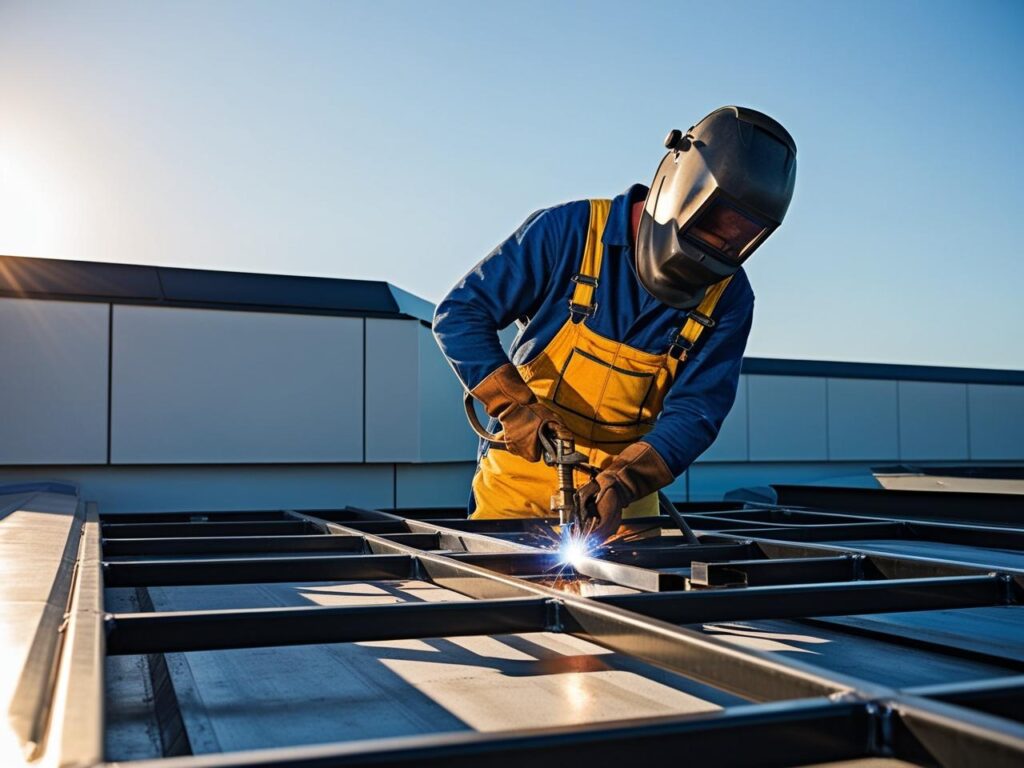 Montér v modro-žlutých montérkách se svařovací kuklou svařující ocelovou konstrukci na střeše stavby pro instalaci vzduchotechniky