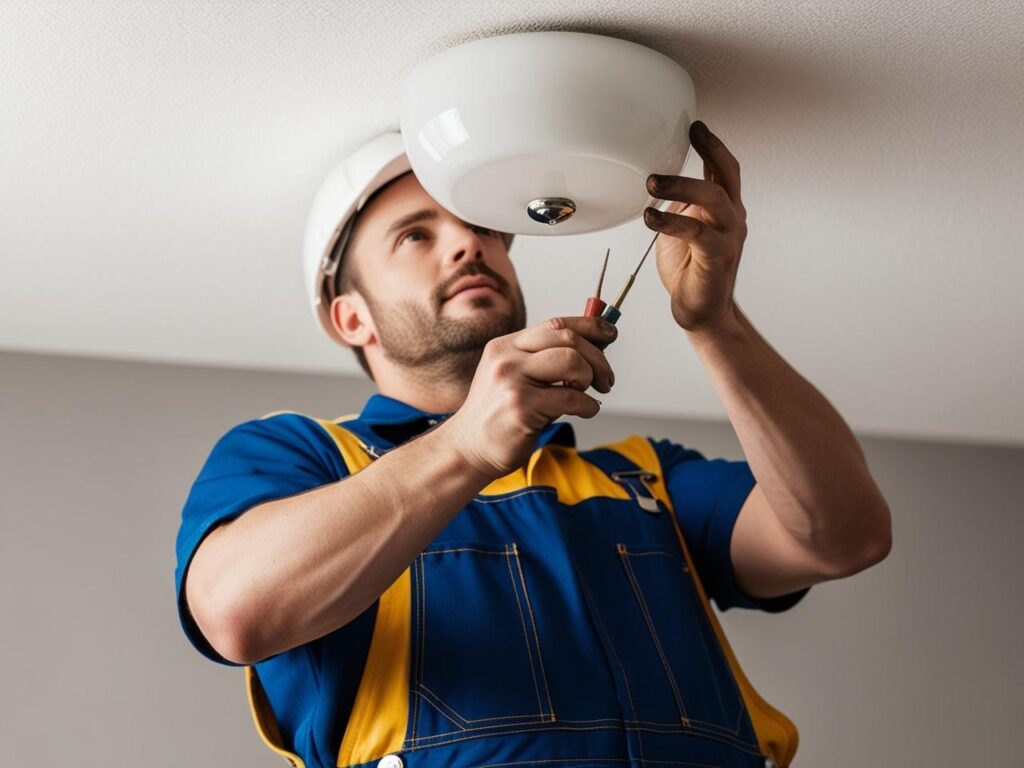 Servisní elektrotechnik v modro-žlutých montérkách opravující světlo na stropě