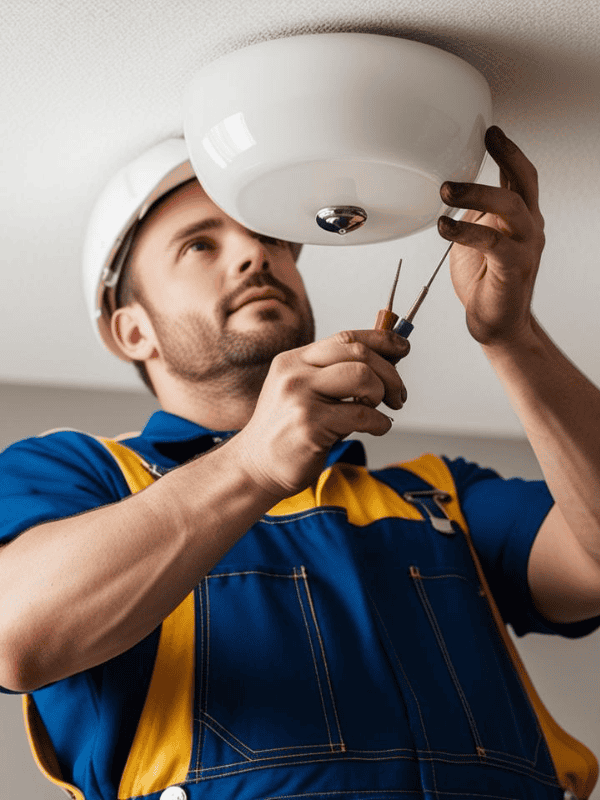 Servisni elektrotechnik v modro zlutych monterkach opravujici svetlo na strope